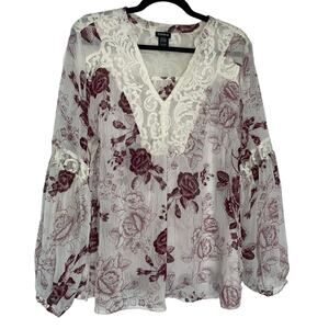 Torrid Semi Sheer Blouse Top Sz 1 White Lace Floral  14/16